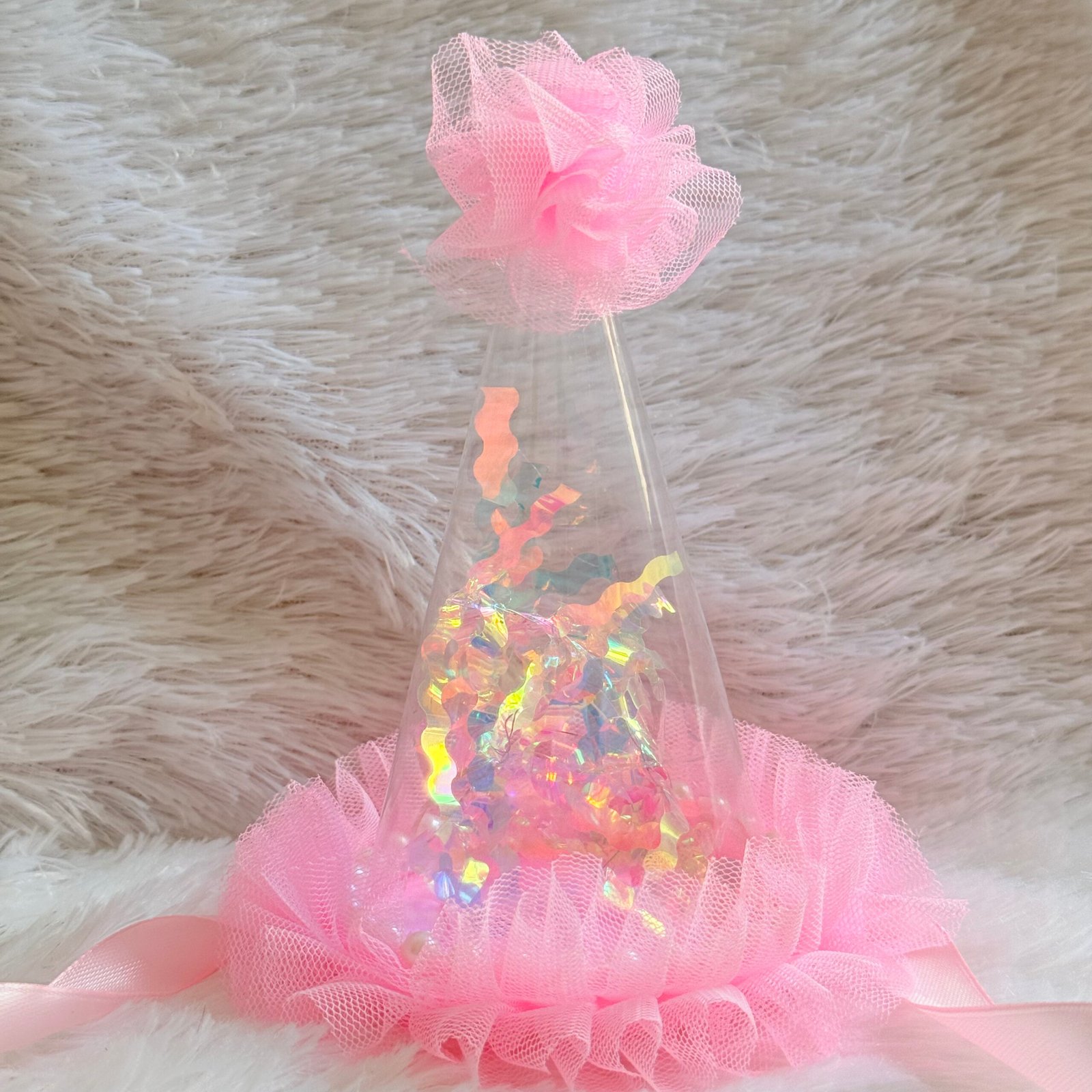 Transparent Pink Party Hat with Net & Confettis